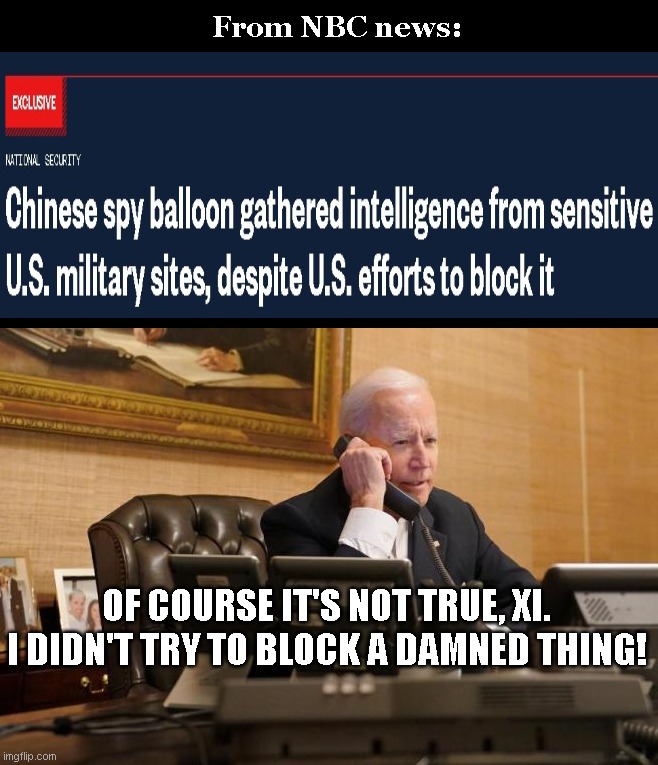 Efforts like these are why we have problems | From NBC news:; OF COURSE IT'S NOT TRUE, XI. I DIDN'T TRY TO BLOCK A DAMNED THING! | image tagged in biden phone call,chinese spy balloon,made in china,biden fail,political humor | made w/ Imgflip meme maker