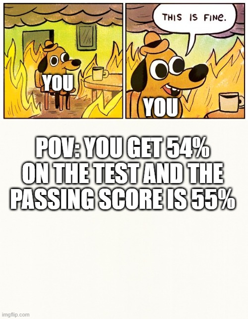 Everytime i take a test... | YOU; YOU; POV: YOU GET 54% ON THE TEST AND THE PASSING SCORE IS 55% | image tagged in memes,this is fine | made w/ Imgflip meme maker