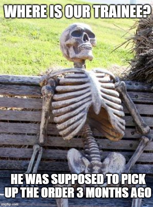 Unexpected Waiting Times | WHERE IS OUR TRAINEE? HE WAS SUPPOSED TO PICK UP THE ORDER 3 MONTHS AGO | image tagged in memes,waiting skeleton,still waiting,pizza delivery,company | made w/ Imgflip meme maker