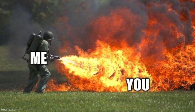 flamethrower | ME YOU | image tagged in flamethrower | made w/ Imgflip meme maker
