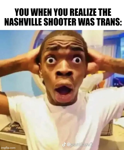 Shocked black guy | YOU WHEN YOU REALIZE THE NASHVILLE SHOOTER WAS TRANS: | image tagged in shocked black guy | made w/ Imgflip meme maker