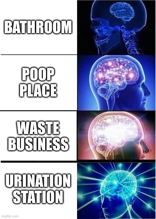 Expanding Brain | BATHROOM; POOP PLACE; WASTE BUSINESS; URINATION STATION | image tagged in memes,expanding brain | made w/ Imgflip meme maker
