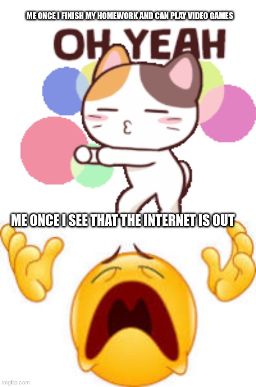 So true | ME ONCE I FINISH MY HOMEWORK AND CAN PLAY VIDEO GAMES; ME ONCE I SEE THAT THE INTERNET IS OUT | image tagged in emotional damage | made w/ Imgflip meme maker