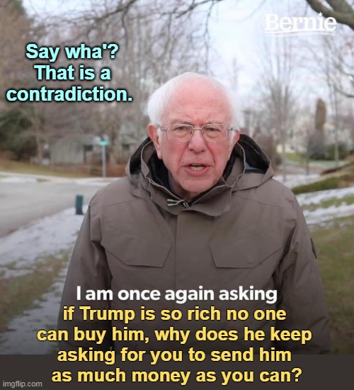 If Trump were really that rich, he wouldn't need your money. | Say wha'?
That is a contradiction. if Trump is so rich no one 
can buy him, why does he keep 
asking for you to send him 
as much money as you can? | image tagged in memes,bernie i am once again asking for your support,trump,greedy,liar | made w/ Imgflip meme maker