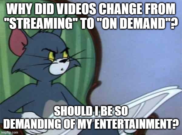Newspaper Tom | WHY DID VIDEOS CHANGE FROM "STREAMING" TO "ON DEMAND"? SHOULD I BE SO DEMANDING OF MY ENTERTAINMENT? | image tagged in newspaper tom | made w/ Imgflip meme maker