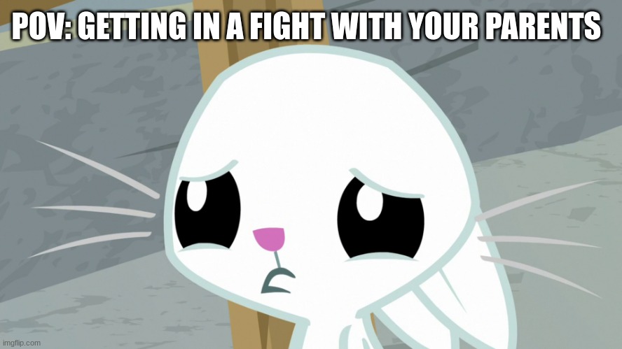 I would just not stay calm | POV: GETTING IN A FIGHT WITH YOUR PARENTS | image tagged in sad angel bunny mlp | made w/ Imgflip meme maker