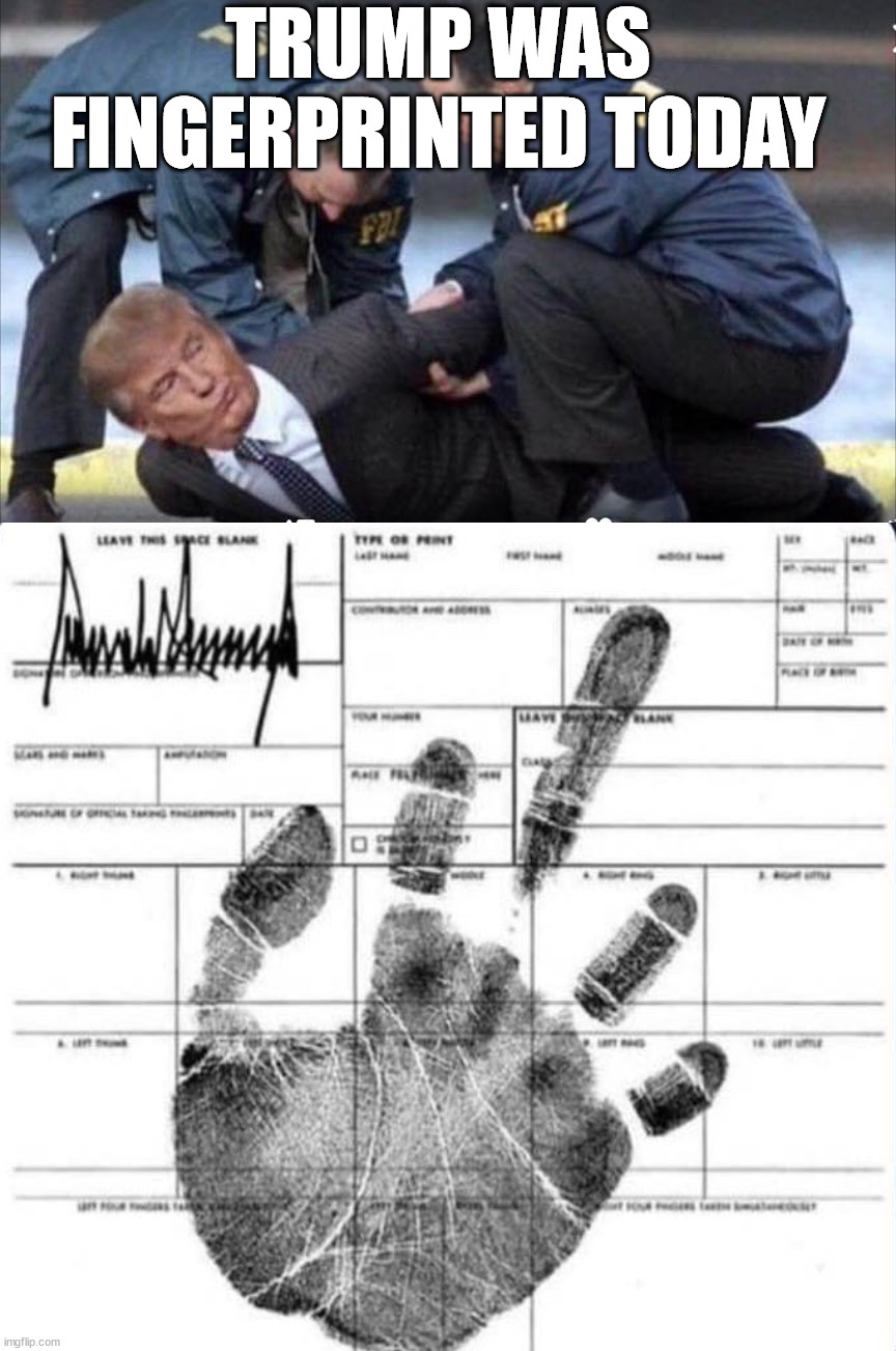 Flipped off | TRUMP WAS FINGERPRINTED TODAY | image tagged in trump arrested,politics | made w/ Imgflip meme maker