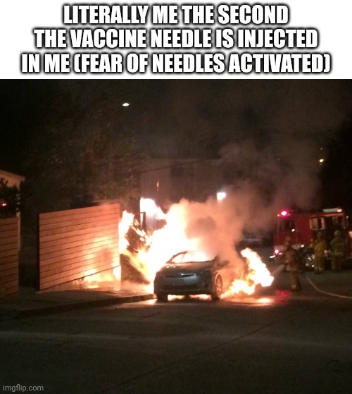A Prius burns to its required death. | LITERALLY ME THE SECOND THE VACCINE NEEDLE IS INJECTED IN ME (FEAR OF NEEDLES ACTIVATED) | image tagged in a prius burns to its required death | made w/ Imgflip meme maker