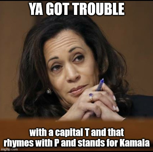 Wait... | YA GOT TROUBLE; with a capital T and that rhymes with P and stands for Kamala | image tagged in kamala harris | made w/ Imgflip meme maker