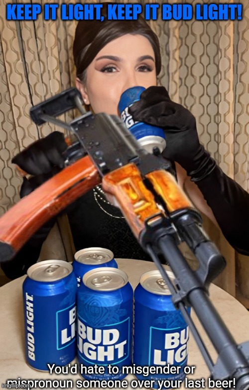 Dilly Dilly Bud Light | KEEP IT LIGHT, KEEP IT BUD LIGHT! You'd hate to misgender or mispronoun someone over your last beer! | image tagged in dylan mulvaney,bud light,beer,mass shooting | made w/ Imgflip meme maker