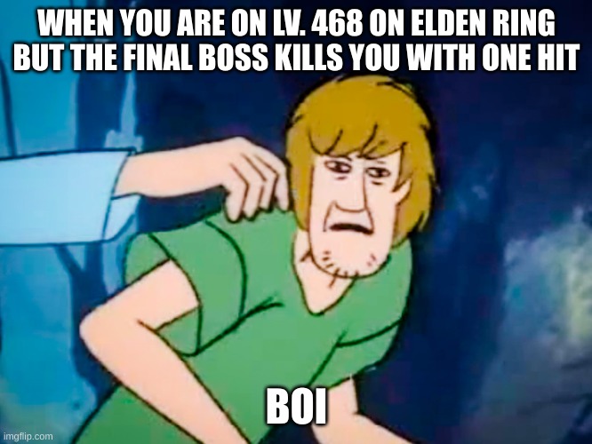 Shaggy meme | WHEN YOU ARE ON LV. 468 ON ELDEN RING BUT THE FINAL BOSS KILLS YOU WITH ONE HIT; BOI | image tagged in shaggy meme | made w/ Imgflip meme maker