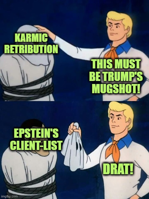 The Big Reveal | KARMIC RETRIBUTION; THIS MUST BE TRUMP'S MUGSHOT! EPSTEIN'S CLIENT-LIST; DRAT! | image tagged in scooby doo mask reveal | made w/ Imgflip meme maker