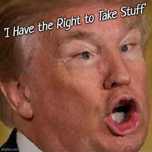 LOL, comedy gold...! | 'I Have the Right to Take Stuff' | image tagged in donald trump the clown,behold my stuff,good stuff,cool stuff,secret,stuff | made w/ Imgflip meme maker