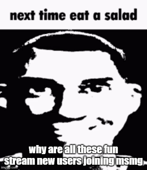 like seriously its hard to find good memes on the new page | why are all these fun stream new users joining msmg | image tagged in next time eat a salad | made w/ Imgflip meme maker