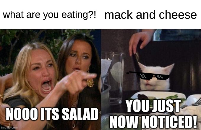 Woman Yelling At Cat Meme | what are you eating?! mack and cheese; NOOO ITS SALAD; YOU JUST NOW NOTICED! | image tagged in memes,woman yelling at cat | made w/ Imgflip meme maker
