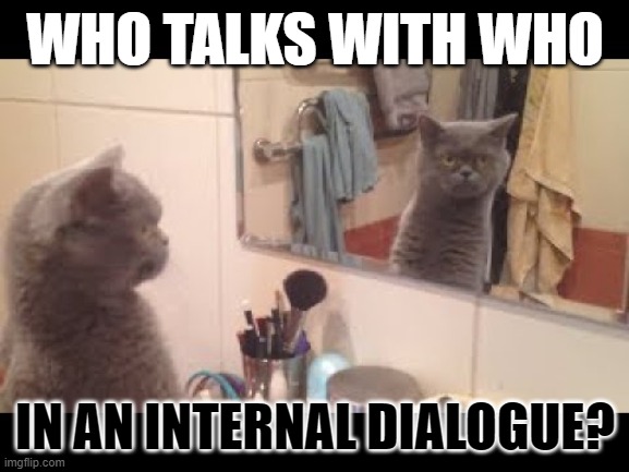 This lolcat wonders who we speak to when we think | WHO TALKS WITH WHO; IN AN INTERNAL DIALOGUE? | image tagged in lolcat,dialogue,think about it,thinking | made w/ Imgflip meme maker