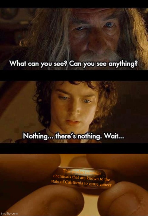 This product contains chemicals that are known to the state of California to cause Cancer | image tagged in lord of the rings,gandalf,frodo,california | made w/ Imgflip meme maker