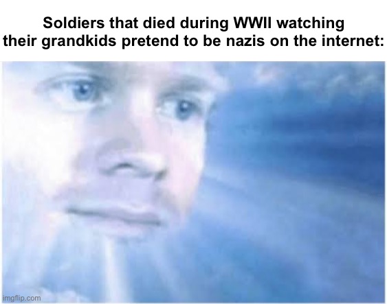 The audacity. | Soldiers that died during WWII watching their grandkids pretend to be nazis on the internet: | image tagged in in heaven looking down,funny,memes | made w/ Imgflip meme maker