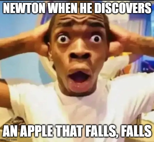 Newton be like | NEWTON WHEN HE DISCOVERS; AN APPLE THAT FALLS, FALLS | image tagged in surprised black guy | made w/ Imgflip meme maker