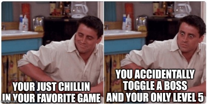 Joey from Friends | YOUR JUST CHILLIN IN YOUR FAVORITE GAME; YOU ACCIDENTALLY TOGGLE A BOSS AND YOUR ONLY LEVEL 5 | image tagged in joey from friends | made w/ Imgflip meme maker