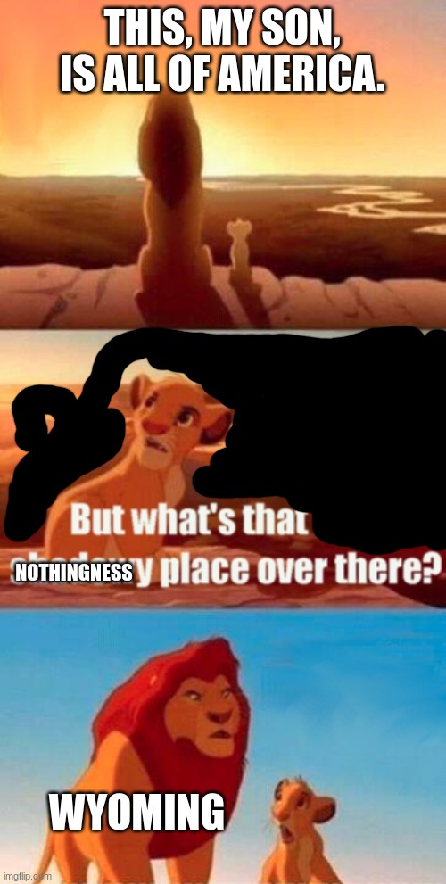 only true america USA memers will know | THIS, MY SON, IS ALL OF AMERICA. NOTHINGNESS; WYOMING | image tagged in memes,simba shadowy place | made w/ Imgflip meme maker