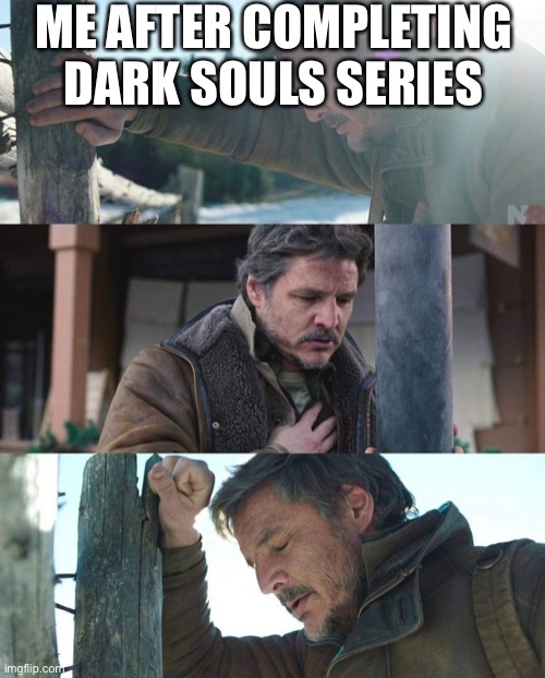 After you complete a dark souls | ME AFTER COMPLETING DARK SOULS SERIES | image tagged in joel from the last of us has a panic attack | made w/ Imgflip meme maker