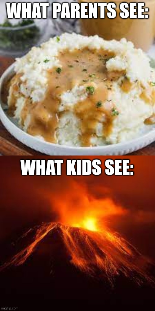 WHAT PARENTS SEE:; WHAT KIDS SEE: | image tagged in kids,parents,potato,volcano,potatoes | made w/ Imgflip meme maker
