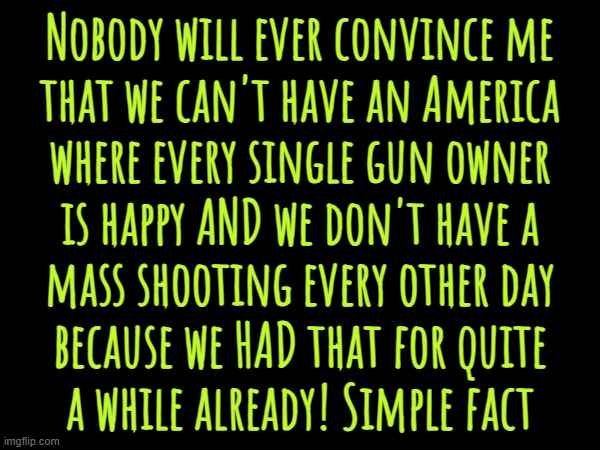 simple fact... | Nobody will ever convince me
that we can't have an America
where every single gun owner
is happy AND we don't have a
mass shooting every other day
because we HAD that for quite
a while already! Simple fact | image tagged in gun laws | made w/ Imgflip meme maker