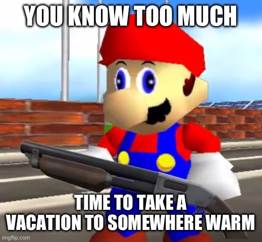 SMG4 Shotgun Mario | YOU KNOW TOO MUCH TIME TO TAKE A VACATION TO SOMEWHERE WARM | image tagged in smg4 shotgun mario | made w/ Imgflip meme maker