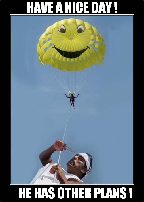 Fun In The Sun ! | HAVE A NICE DAY ! HE HAS OTHER PLANS ! | image tagged in paragliding,have a nice day,cutting,dark humour | made w/ Imgflip meme maker
