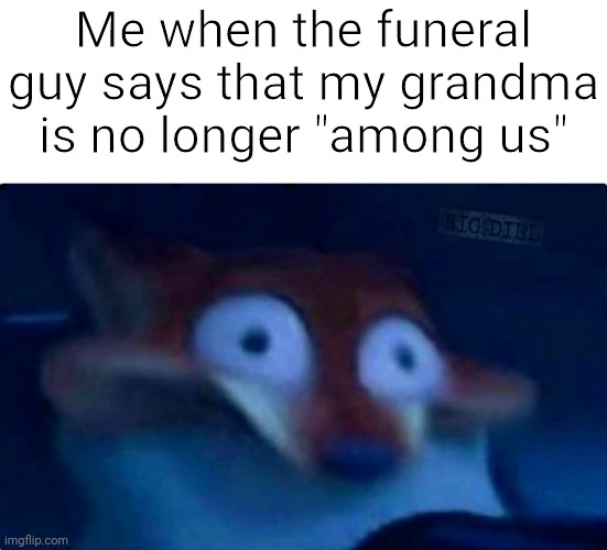 cringe overused meme ik | Me when the funeral guy says that my grandma is no longer "among us" | image tagged in nick wilde | made w/ Imgflip meme maker