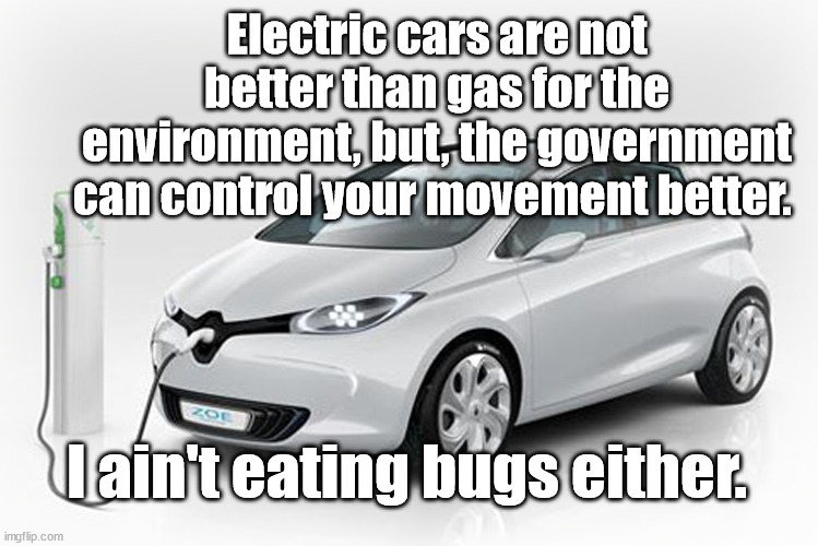 electric cars not better | Electric cars are not better than gas for the environment, but, the government can control your movement better. I ain't eating bugs either. | made w/ Imgflip meme maker