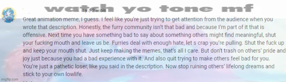 "furry community isn't bad" proceeds to insult someone who left yt bcuz they weren't fond of it | made w/ Imgflip meme maker
