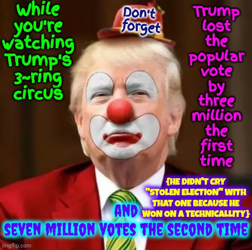 Trump's Circus To The Left Of Me  Insurrectionists To The Right | Trump
lost
the
popular
vote
by
three
million
the
first
time; While
you're
watching
Trump's
3~ring
circus; Don't forget; {HE DIDN'T CRY "STOLEN ELECTION" WITH THAT ONE BECAUSE HE WON ON A TECHNICALLITY}; and
seven million votes the second time | image tagged in donald trump clown,scumbag republicans,clown car republicans,republican trash,lock him up,memes | made w/ Imgflip meme maker
