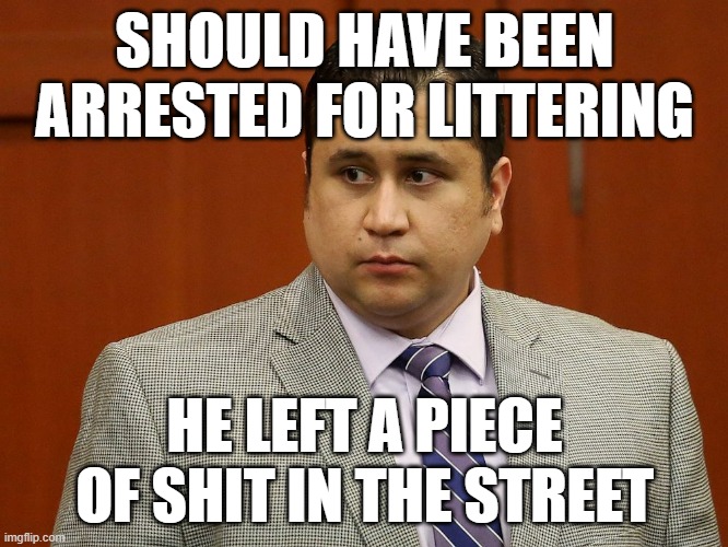 SHOULD HAVE BEEN ARRESTED FOR LITTERING; HE LEFT A PIECE OF SHIT IN THE STREET | image tagged in george zimmer | made w/ Imgflip meme maker