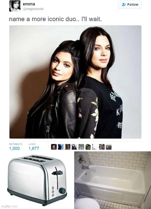 image tagged in name a more iconic duo,toaster,bathtub | made w/ Imgflip meme maker