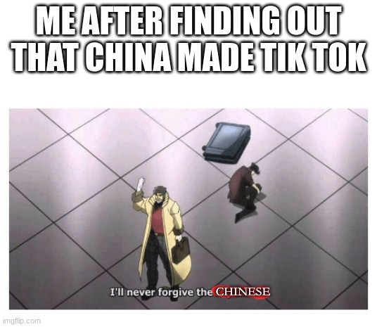 Just figured that out | ME AFTER FINDING OUT THAT CHINA MADE TIK TOK; CHINESE | image tagged in i'll never forgive the japanese,tiktok sucks,funny memes,chinese | made w/ Imgflip meme maker