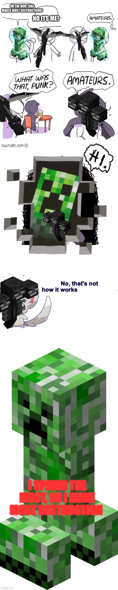 Mob Makes Most Destruction | IM THE MOB THAT MAKES MOST DESTRUCTIONS! NO ITS ME! I SPAWN THE MOST, SO I MAKE MOST DESTRUCTION | image tagged in amateurs extended,no that's not how it works you dumbass,minecraft creeper | made w/ Imgflip meme maker