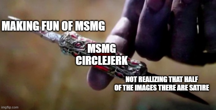 Btw, join the LGBT_Circlejerk stream. | MAKING FUN OF MSMG; MSMG CIRCLEJERK; NOT REALIZING THAT HALF OF THE IMAGES THERE ARE SATIRE | image tagged in thanos perfectly balanced | made w/ Imgflip meme maker