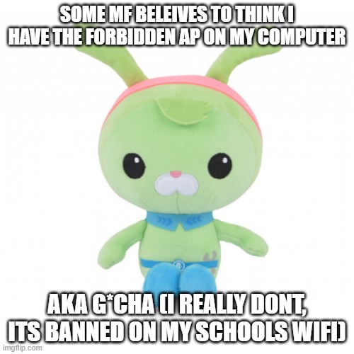 da gorl | SOME MF BELEIVES TO THINK I HAVE THE FORBIDDEN AP ON MY COMPUTER; AKA G*CHA (I REALLY DONT, ITS BANNED ON MY SCHOOLS WIFI) | image tagged in da gorl | made w/ Imgflip meme maker