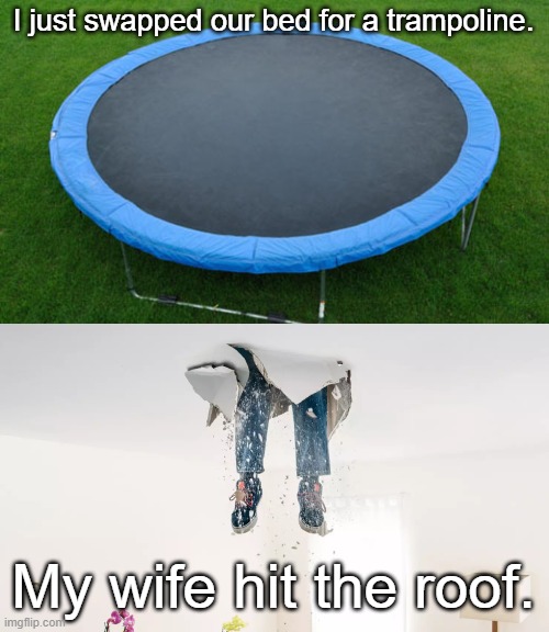 I just swapped our bed for a trampoline. My wife hit the roof. | image tagged in trampoline | made w/ Imgflip meme maker