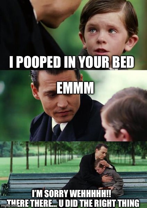 Finding Neverland Meme | I POOPED IN YOUR BED; EMMM; I’M SORRY WEHHHHH!!
   THERE THERE… U DID THE RIGHT THING | image tagged in memes,finding neverland | made w/ Imgflip meme maker