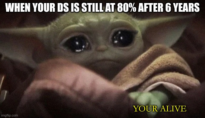 Crying Baby Yoda | WHEN YOUR DS IS STILL AT 80% AFTER 6 YEARS; YOUR ALIVE | image tagged in crying baby yoda | made w/ Imgflip meme maker