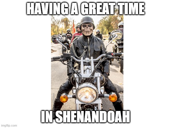 HAVING A GREAT TIME; IN SHENANDOAH | image tagged in motorcycle | made w/ Imgflip meme maker
