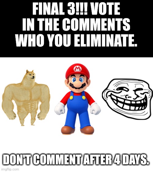 Day 8 | FINAL 3!!! VOTE IN THE COMMENTS WHO YOU ELIMINATE. DON'T COMMENT AFTER 4 DAYS. | image tagged in challenge,fun | made w/ Imgflip meme maker