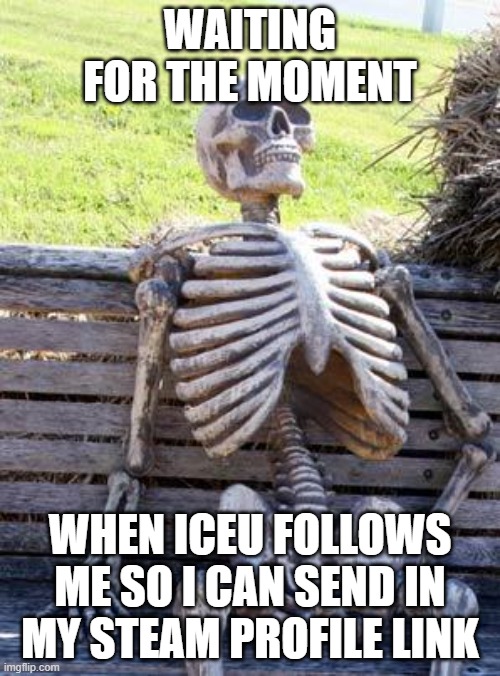 ... | WAITING FOR THE MOMENT; WHEN ICEU FOLLOWS ME SO I CAN SEND IN MY STEAM PROFILE LINK | image tagged in memes,waiting skeleton | made w/ Imgflip meme maker