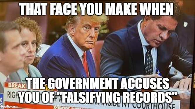 We're all DJT now | THAT FACE YOU MAKE WHEN; THE GOVERNMENT ACCUSES YOU OF "FALSIFYING RECORDS" | image tagged in nwo police state | made w/ Imgflip meme maker