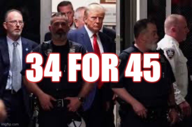 Donald Trump pleads not guilty to 34 felony counts of falsifying business records. | 34 FOR 45 | image tagged in donald trump,guilty,crooked donald,indicted,pathological liar,lock him up | made w/ Imgflip meme maker