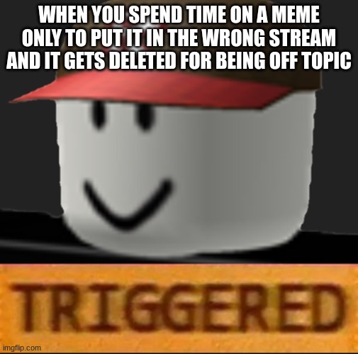 certifed angy | WHEN YOU SPEND TIME ON A MEME ONLY TO PUT IT IN THE WRONG STREAM AND IT GETS DELETED FOR BEING OFF TOPIC | image tagged in roblox triggered | made w/ Imgflip meme maker