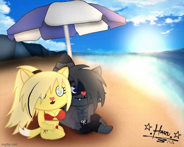 ||HTF|| Haru And Liza In Beach (REPOST) | image tagged in haru,htf,haruhtf | made w/ Imgflip meme maker